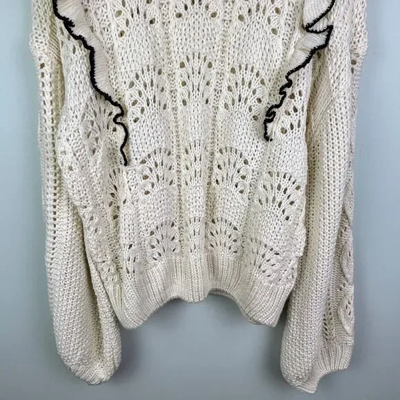En Saison Anthropologie Dee Ruffled Sweater Cream Balloon Sleeve Pointelle S EUC - Picture 6 of 14